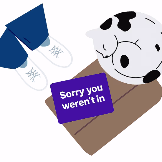 Illustration showing a missed parcel delivery card reading "Sorry you weren’t in" beside a sleeping black and white cat on a parcel – used on the Mounjaro Delivery Options page.