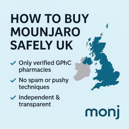 Square graphic titled “How to Buy Mounjaro Safely UK” showing a UK-only map, bullet points about verified GPhC pharmacies, no spam techniques, and the Monj logo.