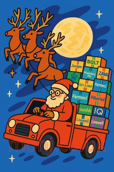 Mounjaro Christmas delivery parcel on a doorstep in cold winter weather