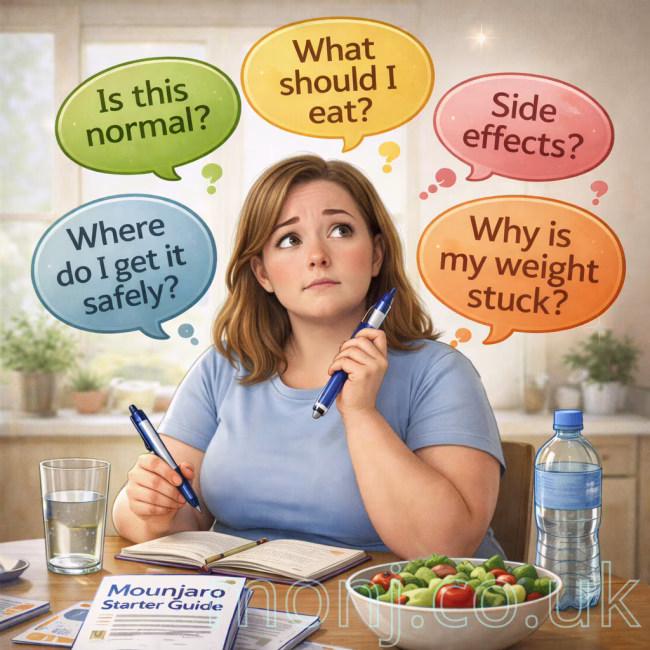 New Mounjaro user with common starter questions about weight loss, food, side effects and safety in the UK